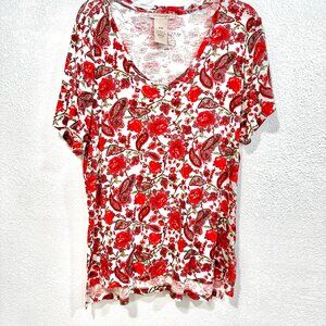 Philosophy V-Neck Top Pima Cotton Red Pink Floral Short Sleeves HiLo Hem Size XL